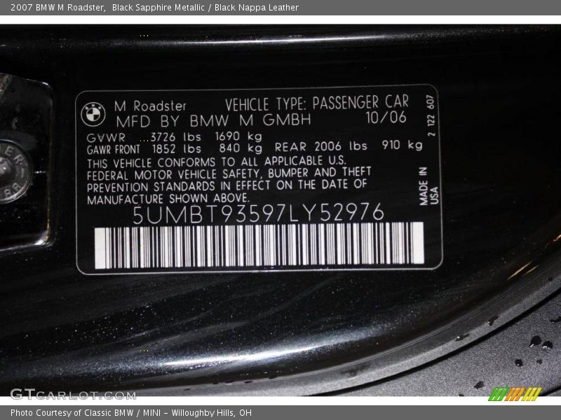 Black Sapphire Metallic / Black Nappa Leather 2007 BMW M Roadster