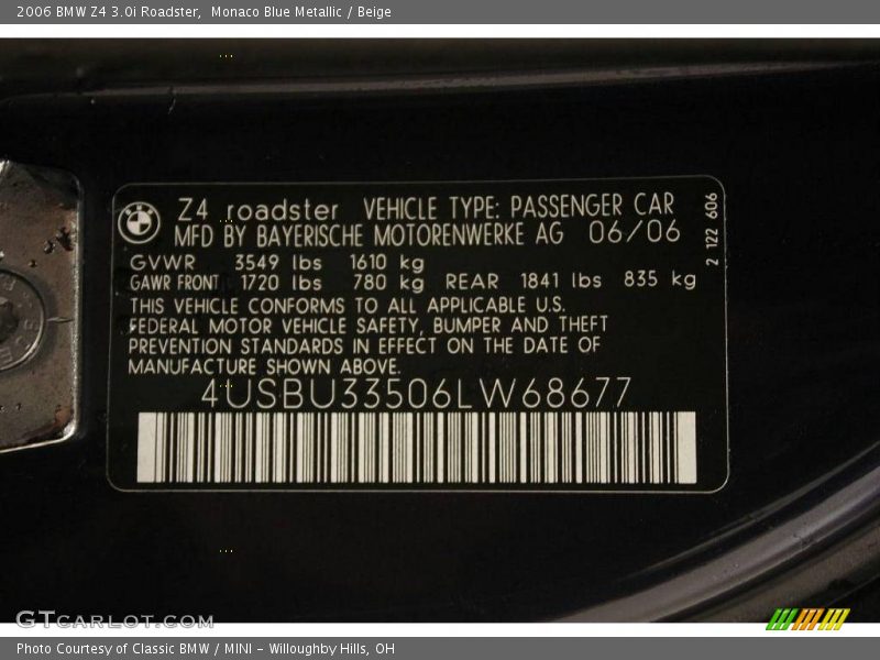 Monaco Blue Metallic / Beige 2006 BMW Z4 3.0i Roadster