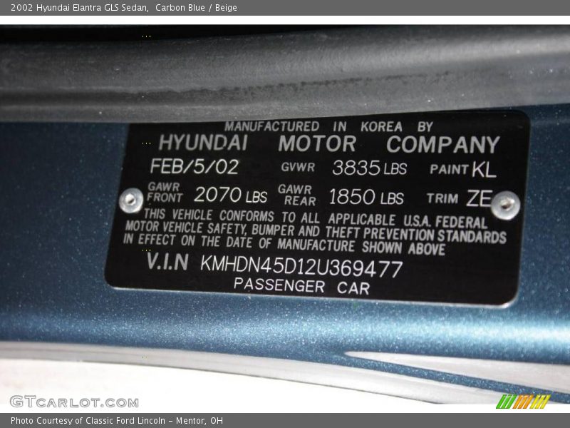 Carbon Blue / Beige 2002 Hyundai Elantra GLS Sedan
