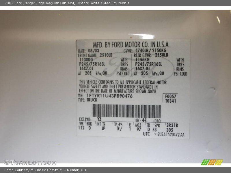 Oxford White / Medium Pebble 2003 Ford Ranger Edge Regular Cab 4x4