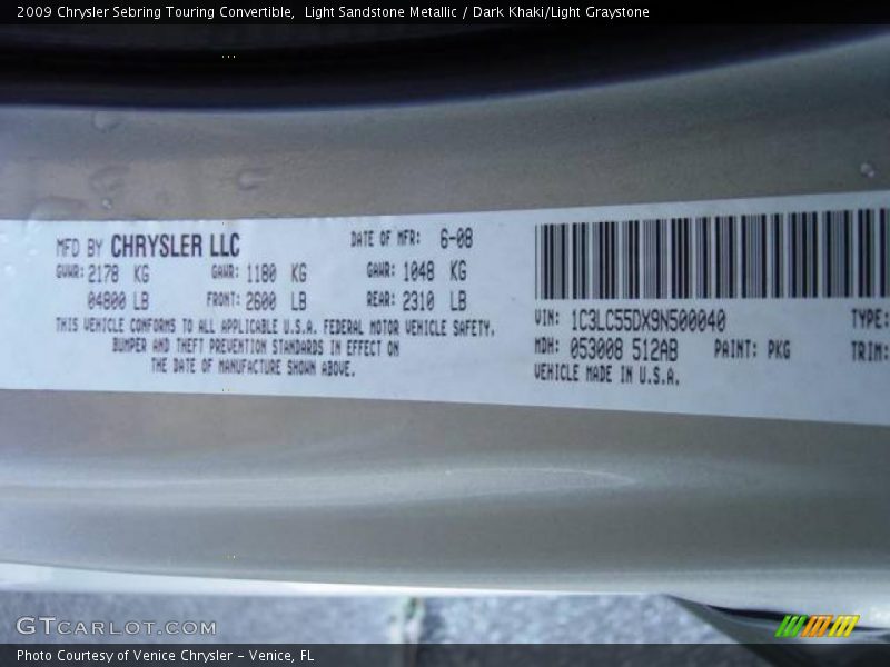 Light Sandstone Metallic / Dark Khaki/Light Graystone 2009 Chrysler Sebring Touring Convertible