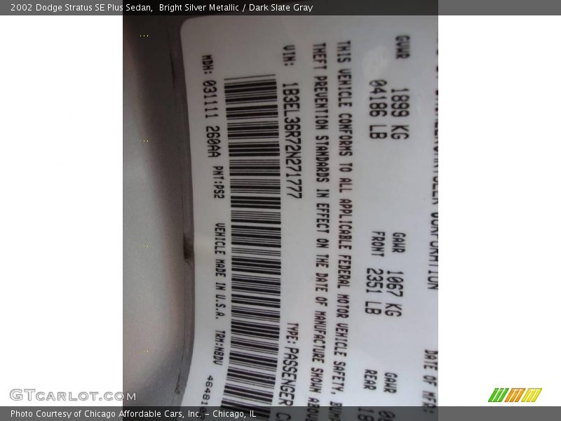Bright Silver Metallic / Dark Slate Gray 2002 Dodge Stratus SE Plus Sedan