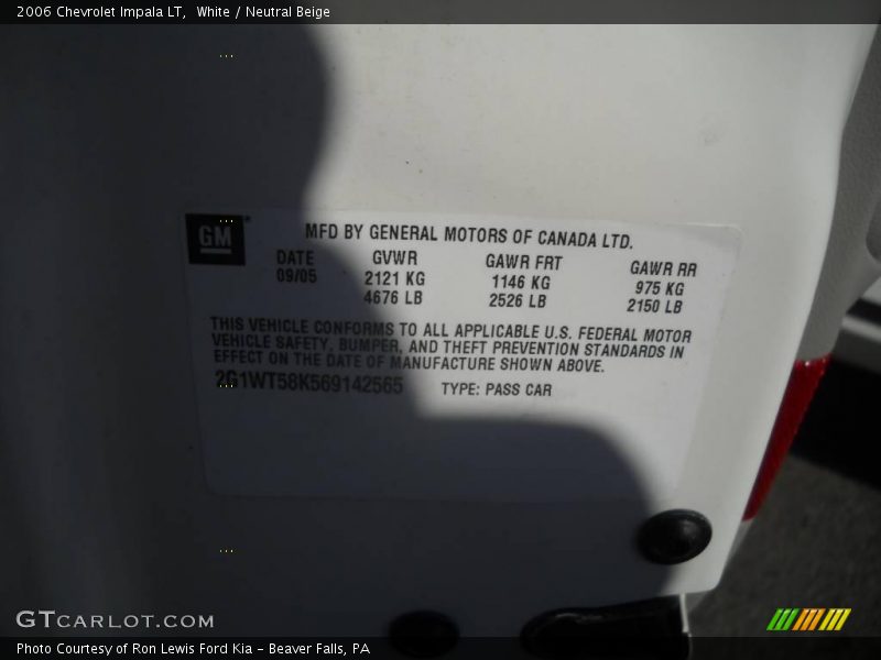 White / Neutral Beige 2006 Chevrolet Impala LT