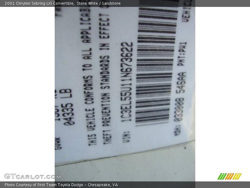 Stone White / Sandstone 2001 Chrysler Sebring LXi Convertible