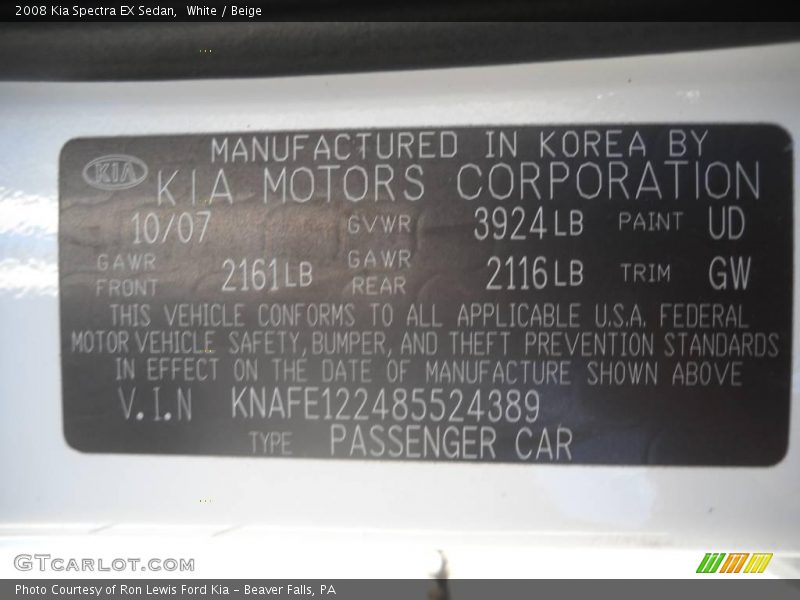 White / Beige 2008 Kia Spectra EX Sedan