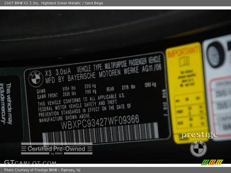 Highland Green Metallic / Sand Beige 2007 BMW X3 3.0si