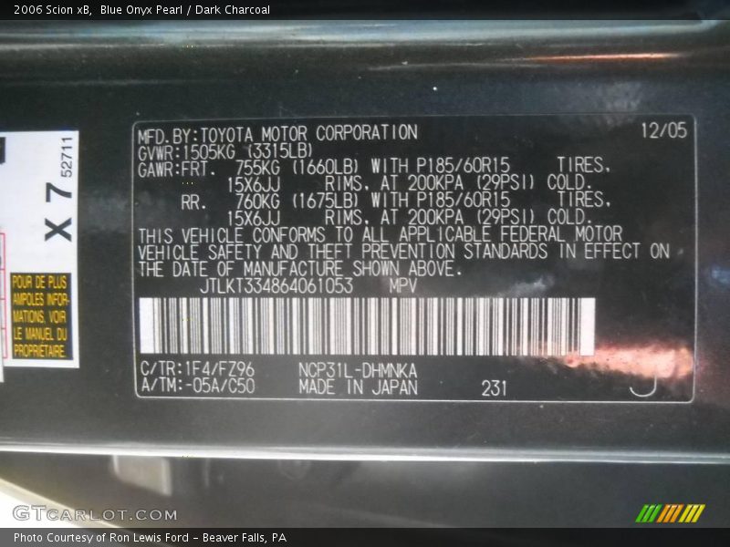 Blue Onyx Pearl / Dark Charcoal 2006 Scion xB