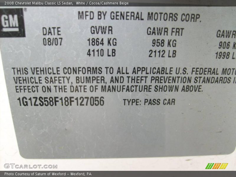 White / Cocoa/Cashmere Beige 2008 Chevrolet Malibu Classic LS Sedan
