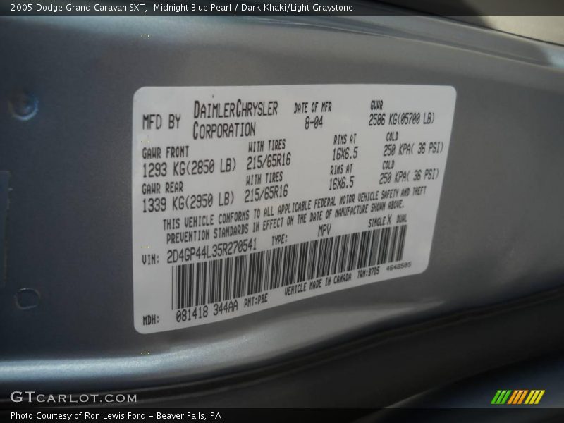 Midnight Blue Pearl / Dark Khaki/Light Graystone 2005 Dodge Grand Caravan SXT