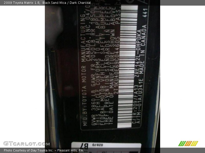 Black Sand Mica / Dark Charcoal 2009 Toyota Matrix 1.8