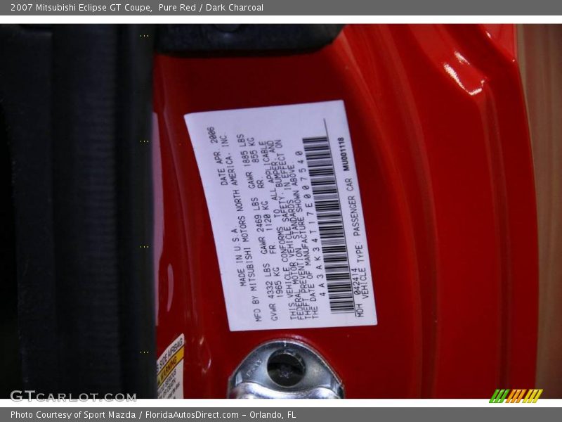 Pure Red / Dark Charcoal 2007 Mitsubishi Eclipse GT Coupe