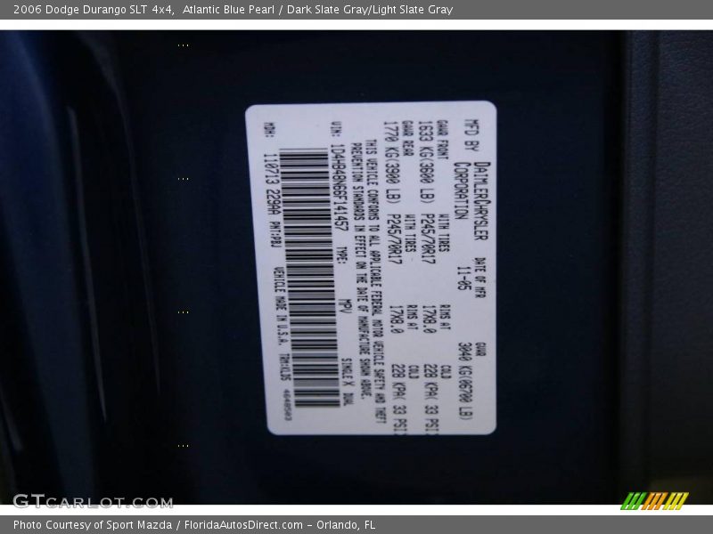 Atlantic Blue Pearl / Dark Slate Gray/Light Slate Gray 2006 Dodge Durango SLT 4x4