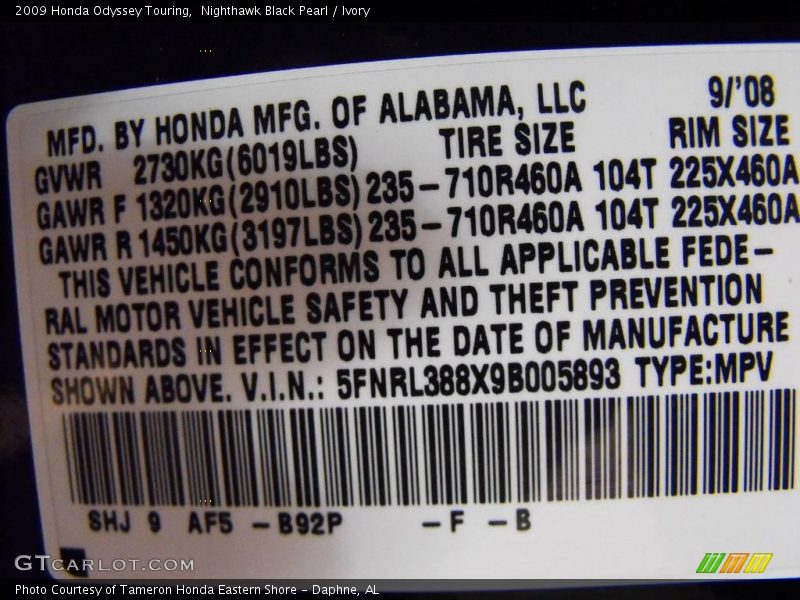 Nighthawk Black Pearl / Ivory 2009 Honda Odyssey Touring