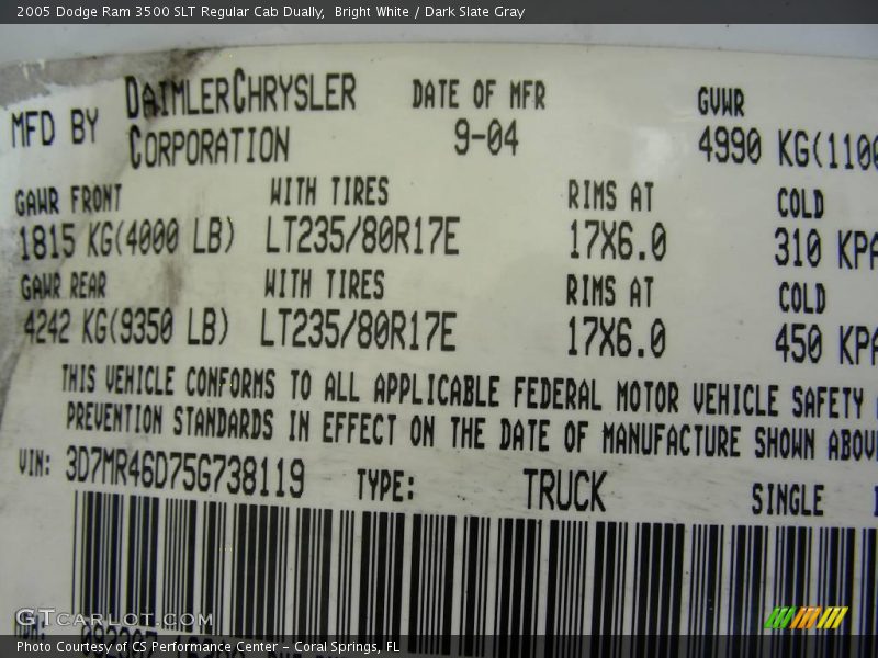 Bright White / Dark Slate Gray 2005 Dodge Ram 3500 SLT Regular Cab Dually