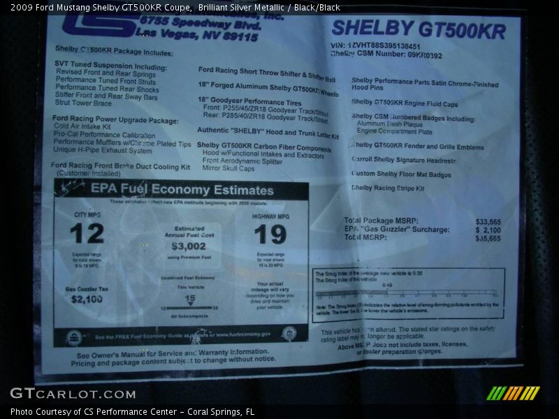  2009 Mustang Shelby GT500KR Coupe Window Sticker