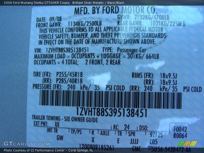 2009 Mustang Shelby GT500KR Coupe Brilliant Silver Metallic Color Code UI