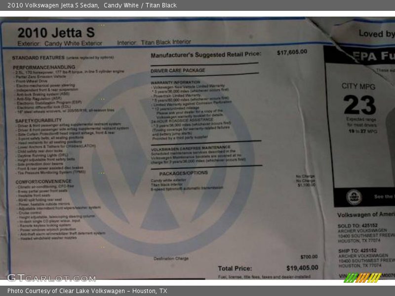 Candy White / Titan Black 2010 Volkswagen Jetta S Sedan