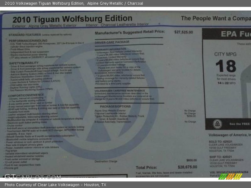 Alpine Grey Metallic / Charcoal 2010 Volkswagen Tiguan Wolfsburg Edition
