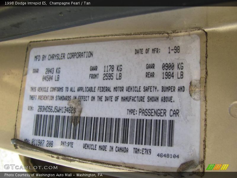 Champagne Pearl / Tan 1998 Dodge Intrepid ES