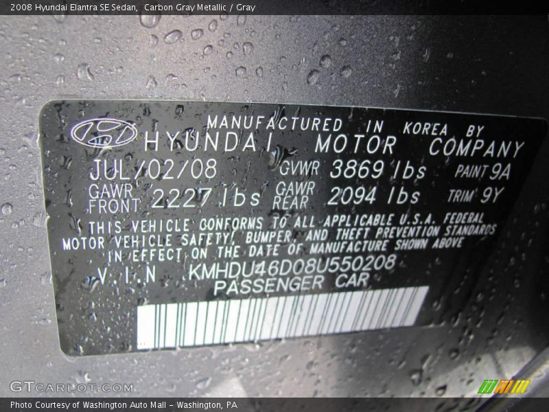 Carbon Gray Metallic / Gray 2008 Hyundai Elantra SE Sedan