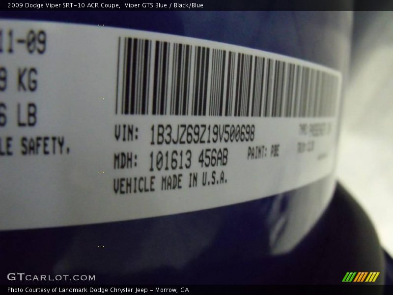 2009 Viper SRT-10 ACR Coupe Viper GTS Blue Color Code PBE