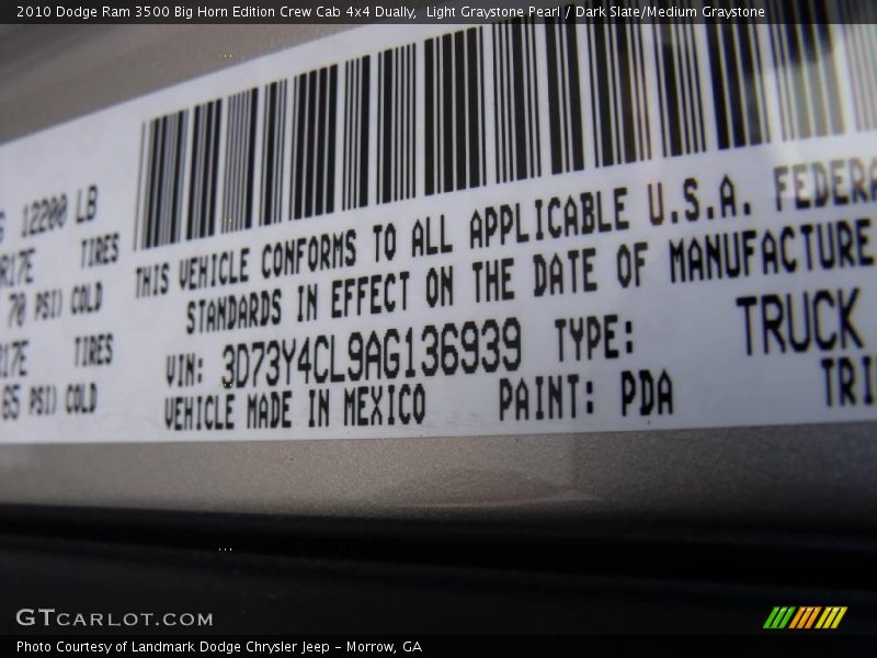2010 Ram 3500 Big Horn Edition Crew Cab 4x4 Dually Light Graystone Pearl Color Code PDA