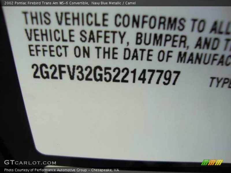 Navy Blue Metallic / Camel 2002 Pontiac Firebird Trans Am WS-6 Convertible