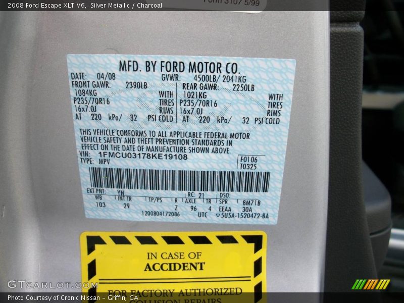 Silver Metallic / Charcoal 2008 Ford Escape XLT V6