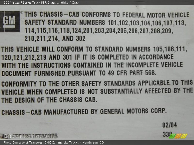 White / Gray 2004 Isuzu F Series Truck FTR Chassis
