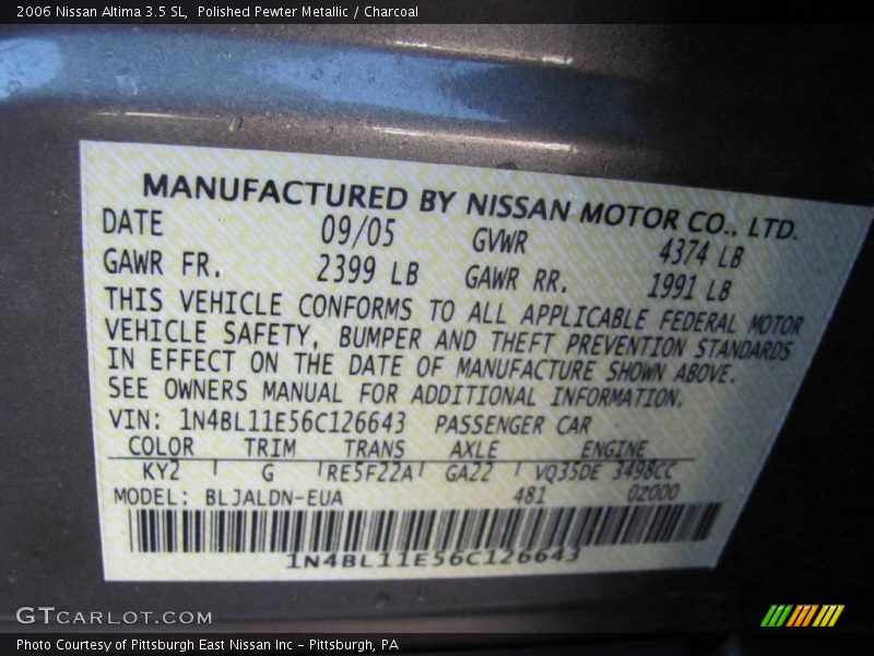 Polished Pewter Metallic / Charcoal 2006 Nissan Altima 3.5 SL