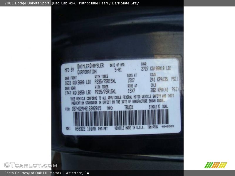Patriot Blue Pearl / Dark Slate Gray 2001 Dodge Dakota Sport Quad Cab 4x4