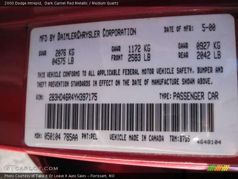 Dark Garnet Red Metallic / Medium Quartz 2000 Dodge Intrepid