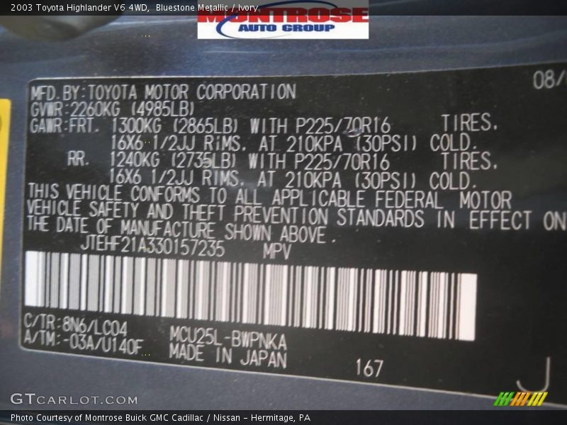 Bluestone Metallic / Ivory 2003 Toyota Highlander V6 4WD