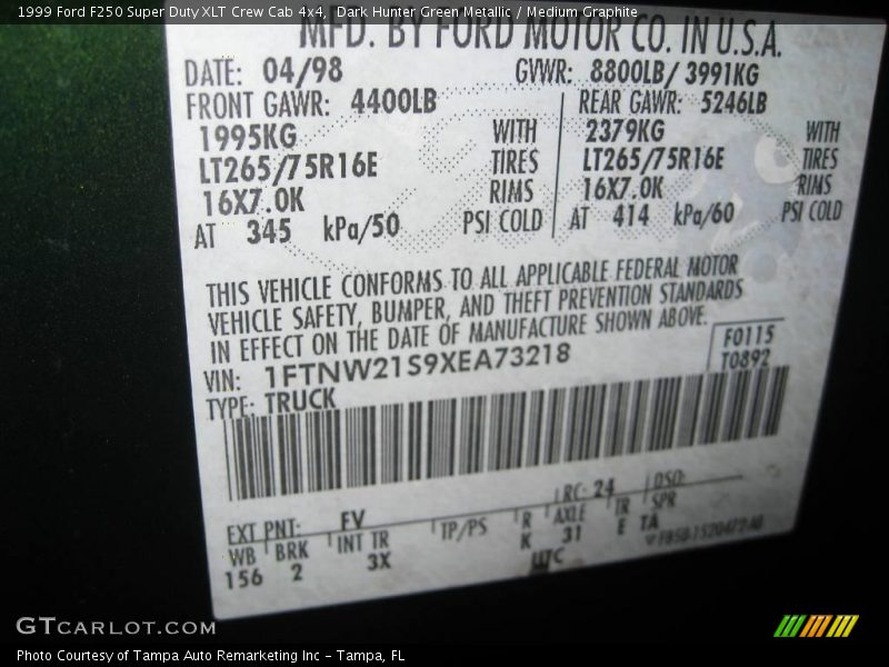 Dark Hunter Green Metallic / Medium Graphite 1999 Ford F250 Super Duty XLT Crew Cab 4x4