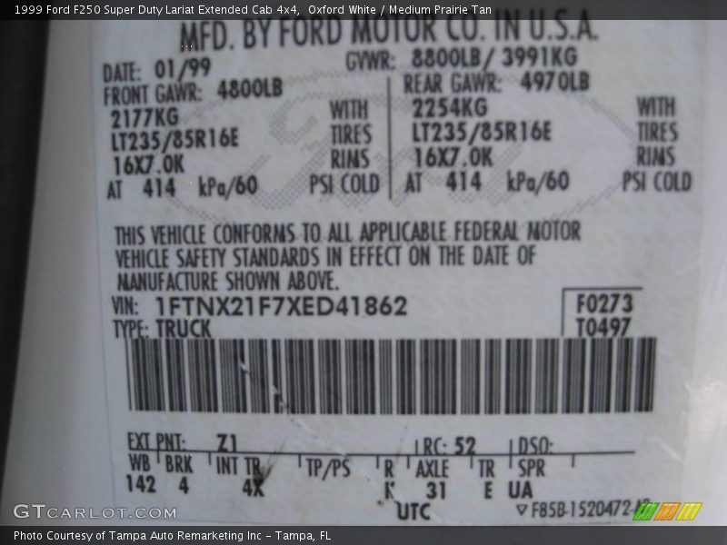 Oxford White / Medium Prairie Tan 1999 Ford F250 Super Duty Lariat Extended Cab 4x4