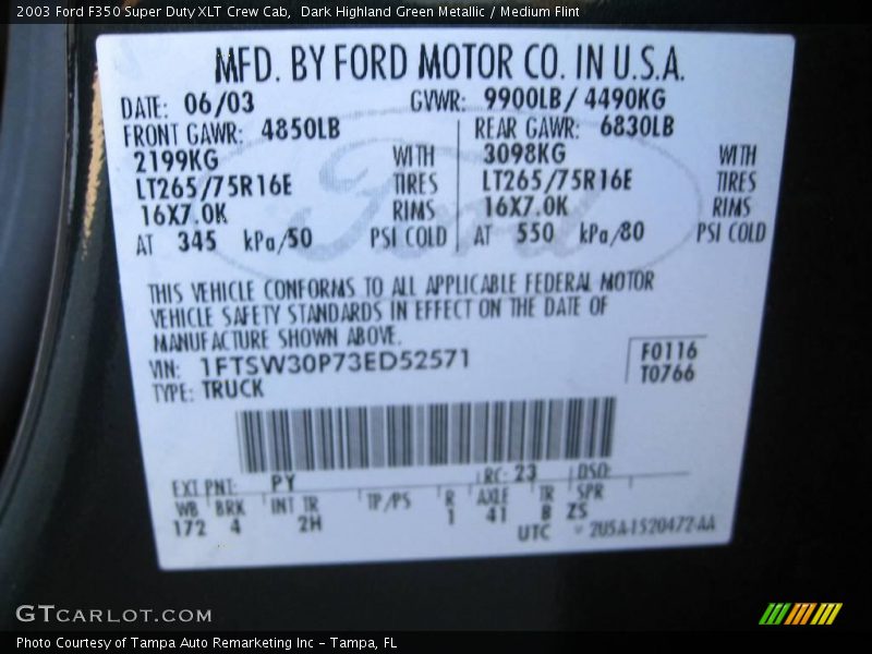 Dark Highland Green Metallic / Medium Flint 2003 Ford F350 Super Duty XLT Crew Cab