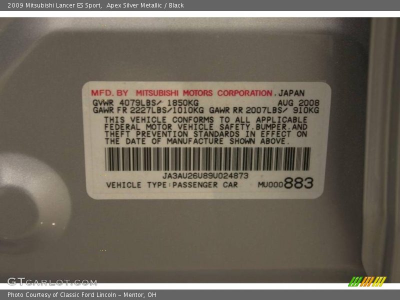 Apex Silver Metallic / Black 2009 Mitsubishi Lancer ES Sport