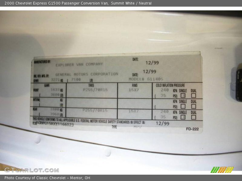 Summit White / Neutral 2000 Chevrolet Express G1500 Passenger Conversion Van