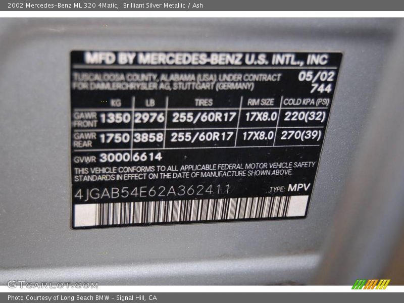 Brilliant Silver Metallic / Ash 2002 Mercedes-Benz ML 320 4Matic