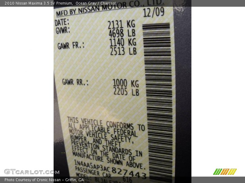 Ocean Gray / Charcoal 2010 Nissan Maxima 3.5 SV Premium