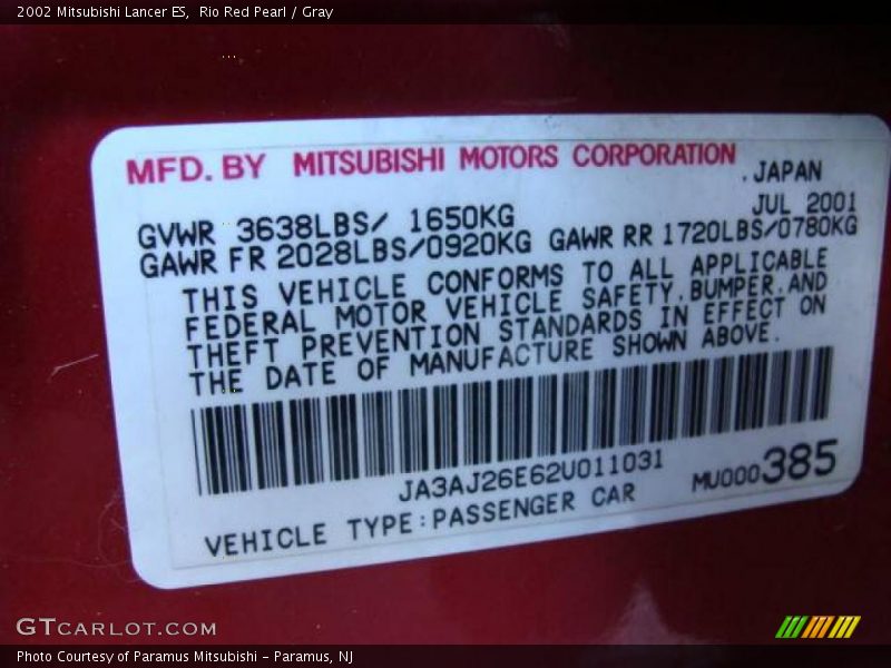 Rio Red Pearl / Gray 2002 Mitsubishi Lancer ES
