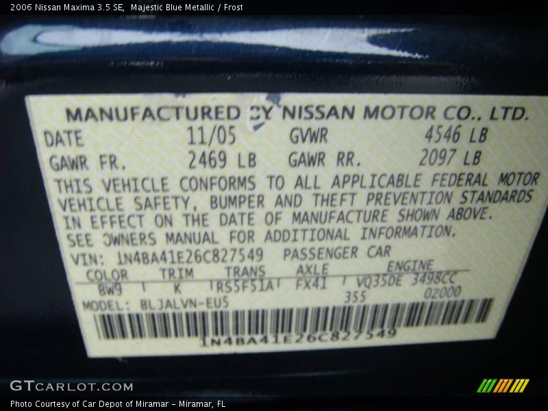 Majestic Blue Metallic / Frost 2006 Nissan Maxima 3.5 SE