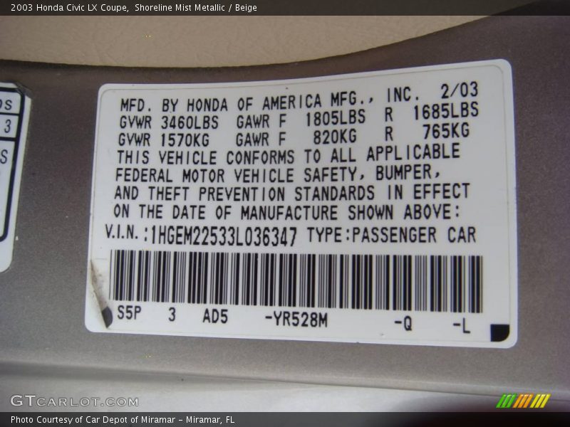 Shoreline Mist Metallic / Beige 2003 Honda Civic LX Coupe