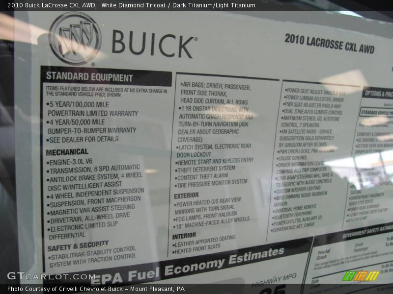 White Diamond Tricoat / Dark Titanium/Light Titanium 2010 Buick LaCrosse CXL AWD