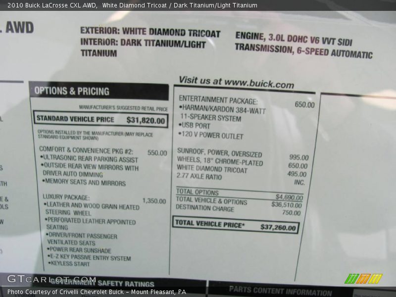 White Diamond Tricoat / Dark Titanium/Light Titanium 2010 Buick LaCrosse CXL AWD