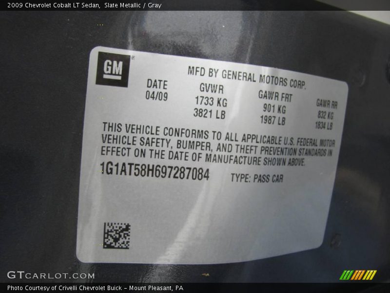 Slate Metallic / Gray 2009 Chevrolet Cobalt LT Sedan