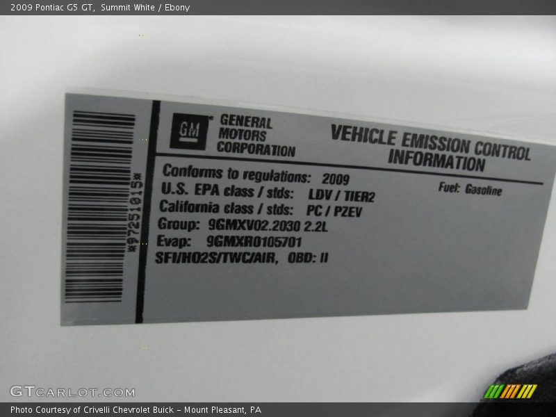 Summit White / Ebony 2009 Pontiac G5 GT