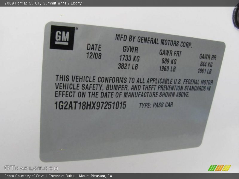 Summit White / Ebony 2009 Pontiac G5 GT