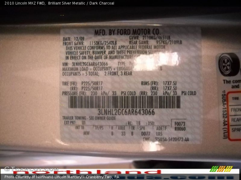 Brilliant Silver Metallic / Dark Charcoal 2010 Lincoln MKZ FWD