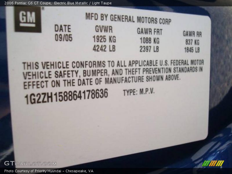 Electric Blue Metallic / Light Taupe 2006 Pontiac G6 GT Coupe